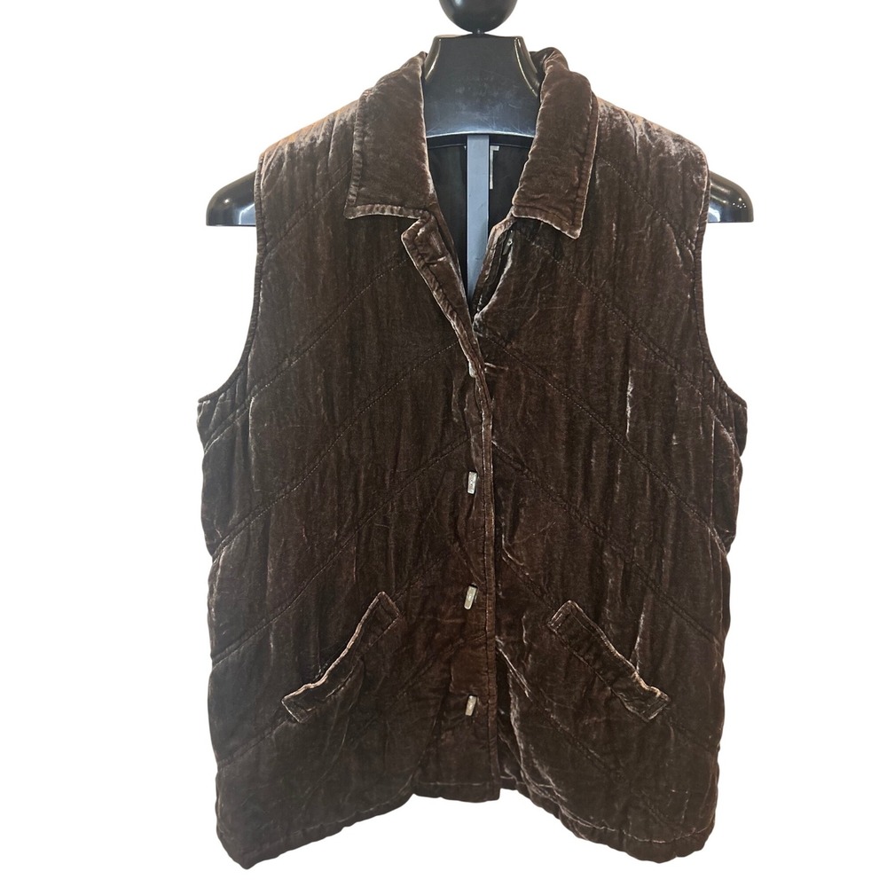J Jill‎ Brown Quilted Velvet Silk Blend Vest Large Toggle Button Front Collar